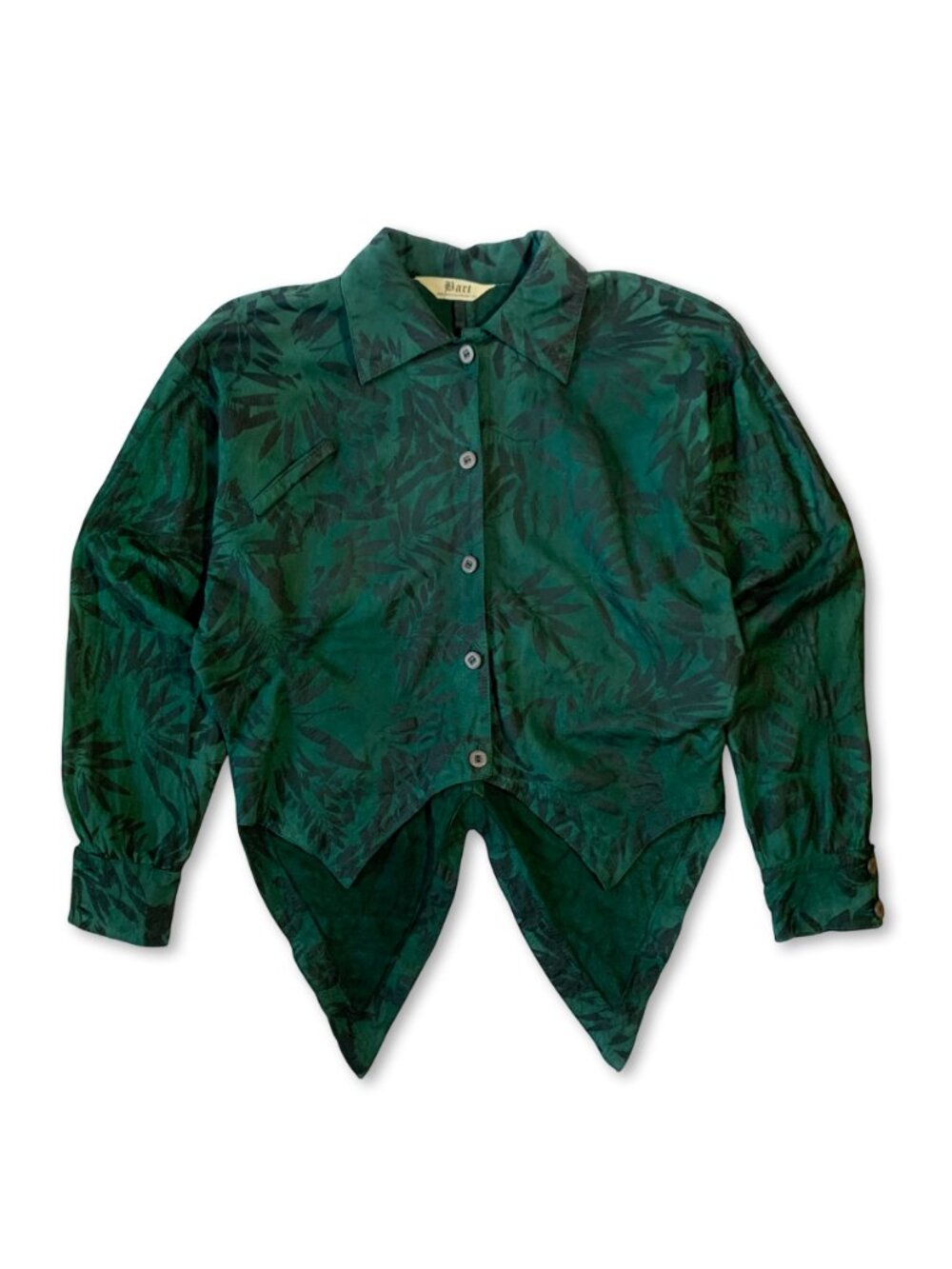 Vintage Sibylle Lyn Batwing Leaf Button Shirt Handkerchief Hem Green Whimsigoth